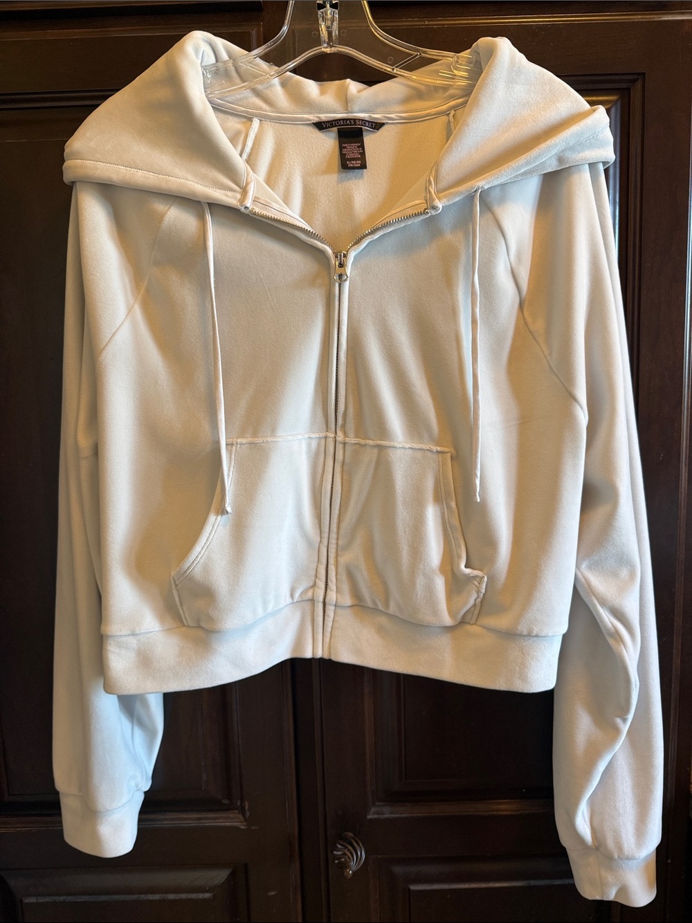 Victoria's Secret White Velour Zip-Up Hoodie with Light Blue Embroidered Logo